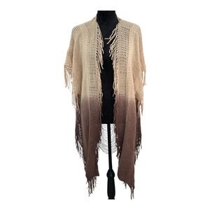 Long Boho Brown & Cream Western Fringe Poncho Cardigan with Frayed Back One‎ Sz